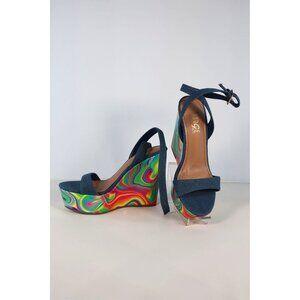 Rouge Helium by Denim Blue & Multicolor Swirl Platform Wedge‎ Sandals Size 8